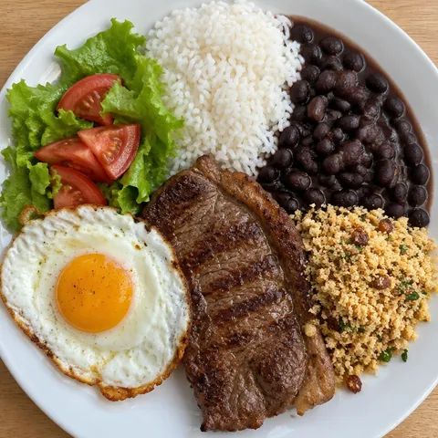 Foto de um prato com arroz, feijão, bife, ovo e salada